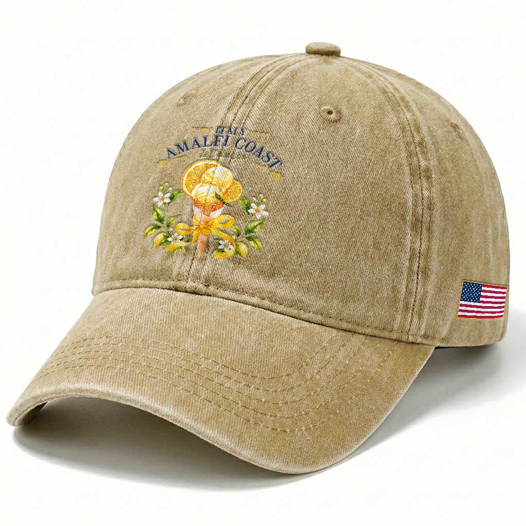 Amalfi Coast Limoncello Gelato Washed Cotton Baseball Cap La Dolce Vita Italy Lemon Dessert Summer