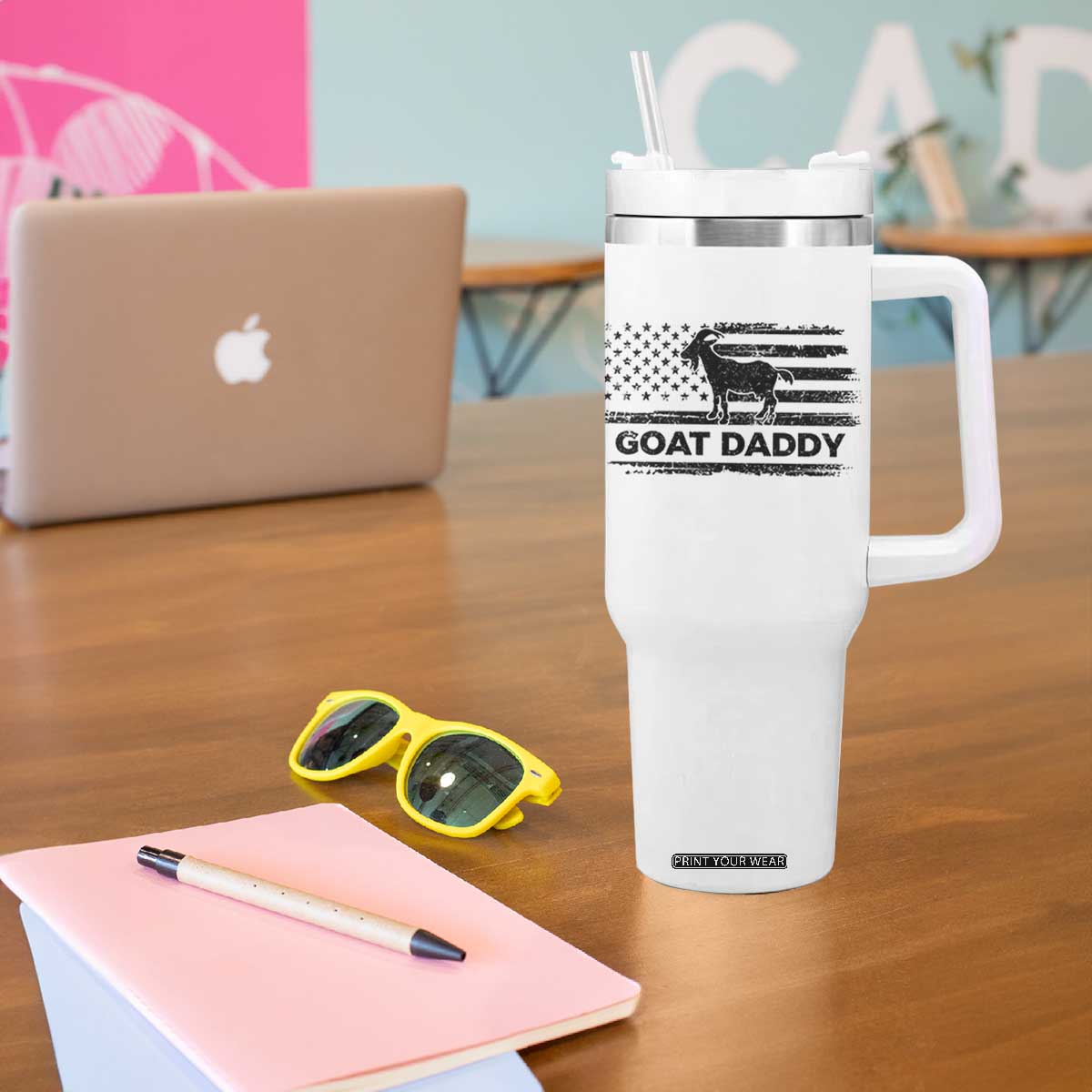 Goat Daddy Tumbler With Handle Funny Fathers Day Presents For Goat Dad US Flag TS10 Print Your Wear