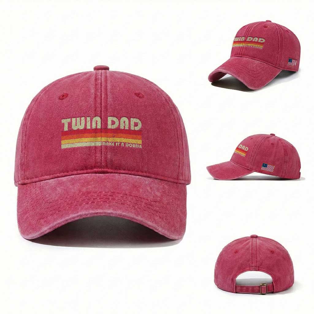 Retro Twin Dad Washed Cotton Baseball Cap Make It A Double Vintage Cool 70s 80s Style Sunset TS10 Washed Cap Universal Fit Red Print Your Wear