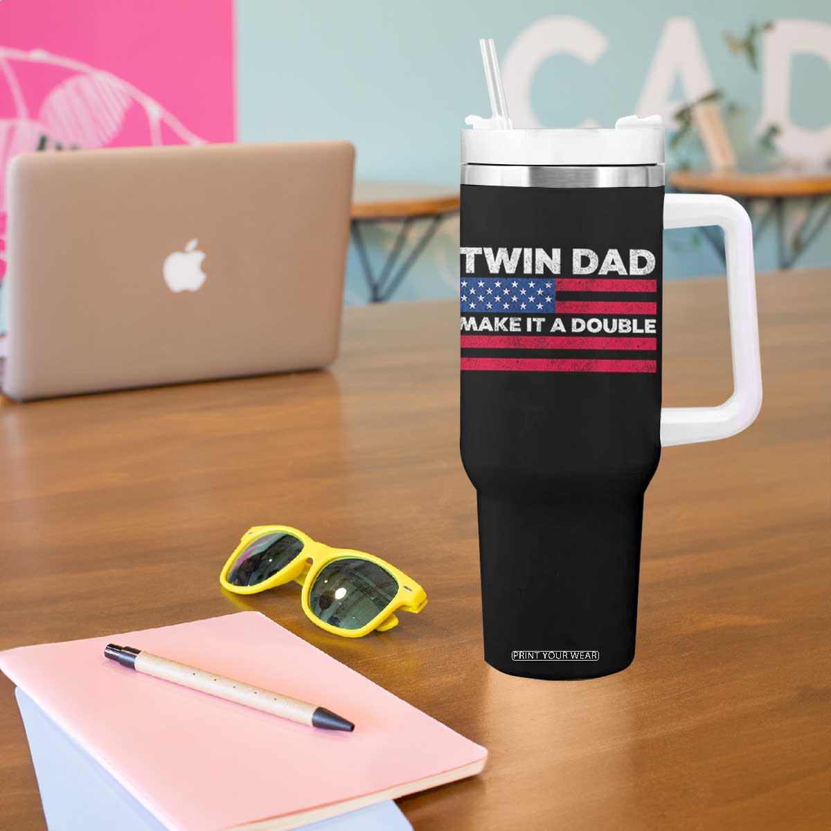 Retro Twin Dad Tumbler With Handle Make It A Double US Flag Fathers Day TS10 Print Your Wear