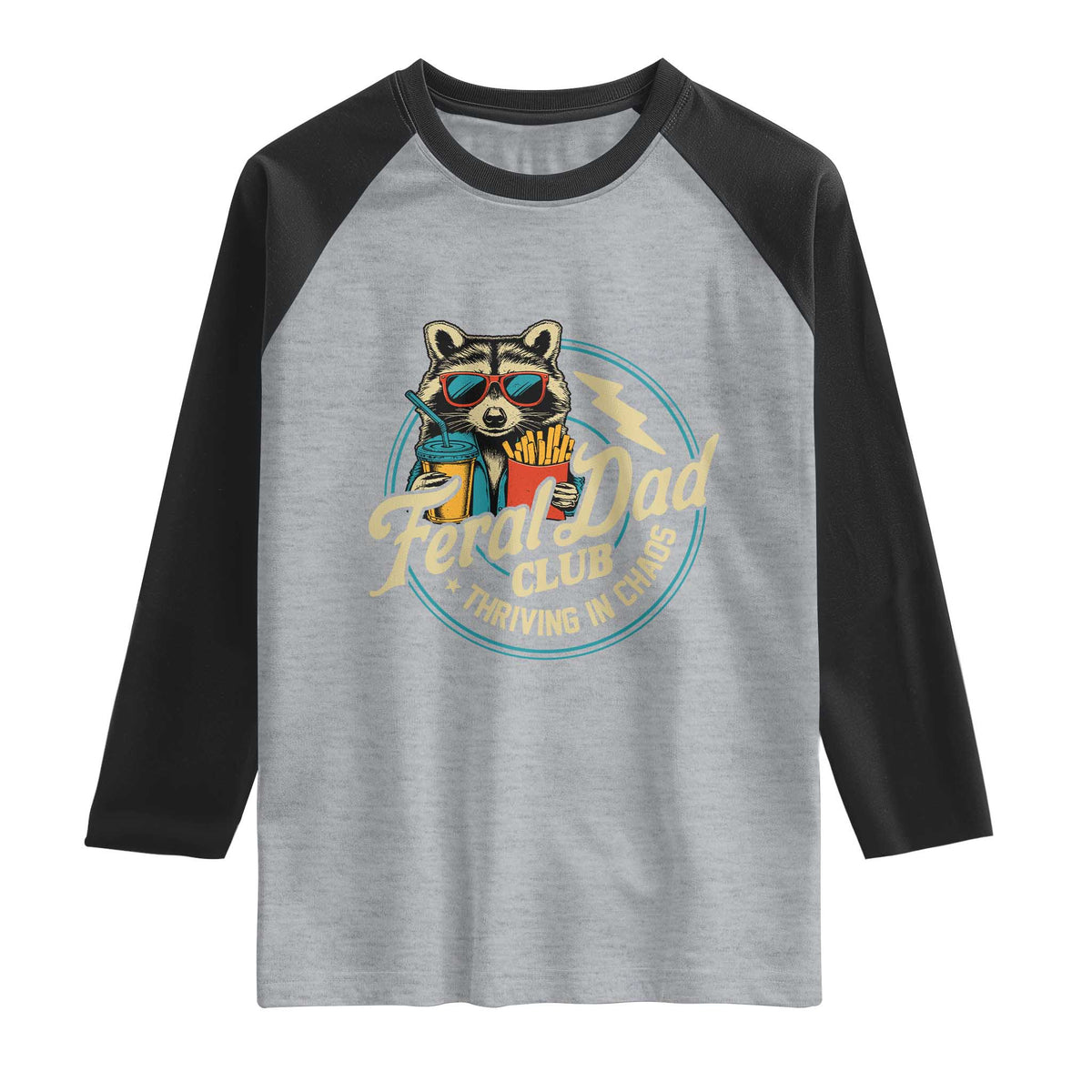 Feral Dad Club Raglan Shirt Funny Raccoon Dad Birthday Fathers Day Gift TS10 Heather Gray Black Print Your Wear