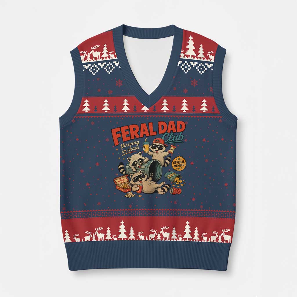 Funny Raccoon Dad V-Neck Knit Sweater Vest Feral Dad Club Fathers Day Gift TS10 Navy Red Print Your Wear