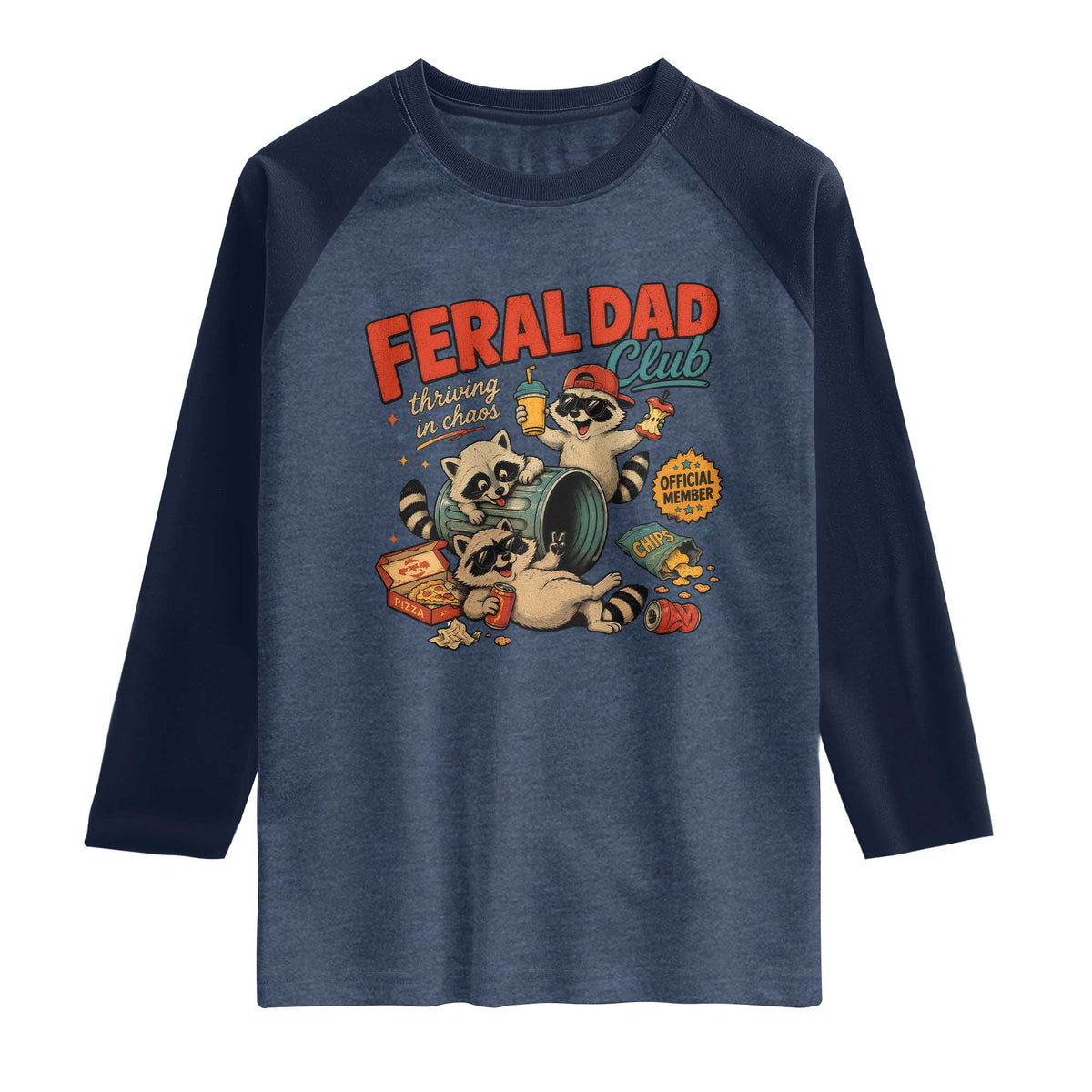 Funny Raccoon Dad Raglan Shirt Feral Dad Club Fathers Day Gift TS10 Heather Denim Navy Print Your Wear