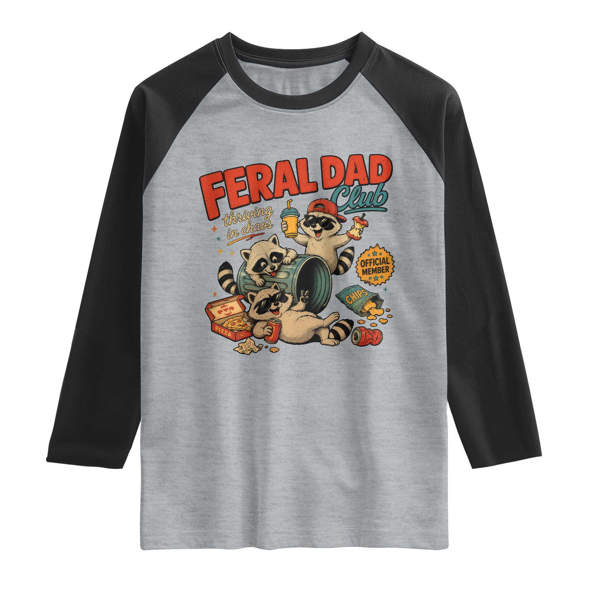 Funny Raccoon Dad Raglan Shirt Feral Dad Club Fathers Day Gift TS10 Heather Gray Black Print Your Wear