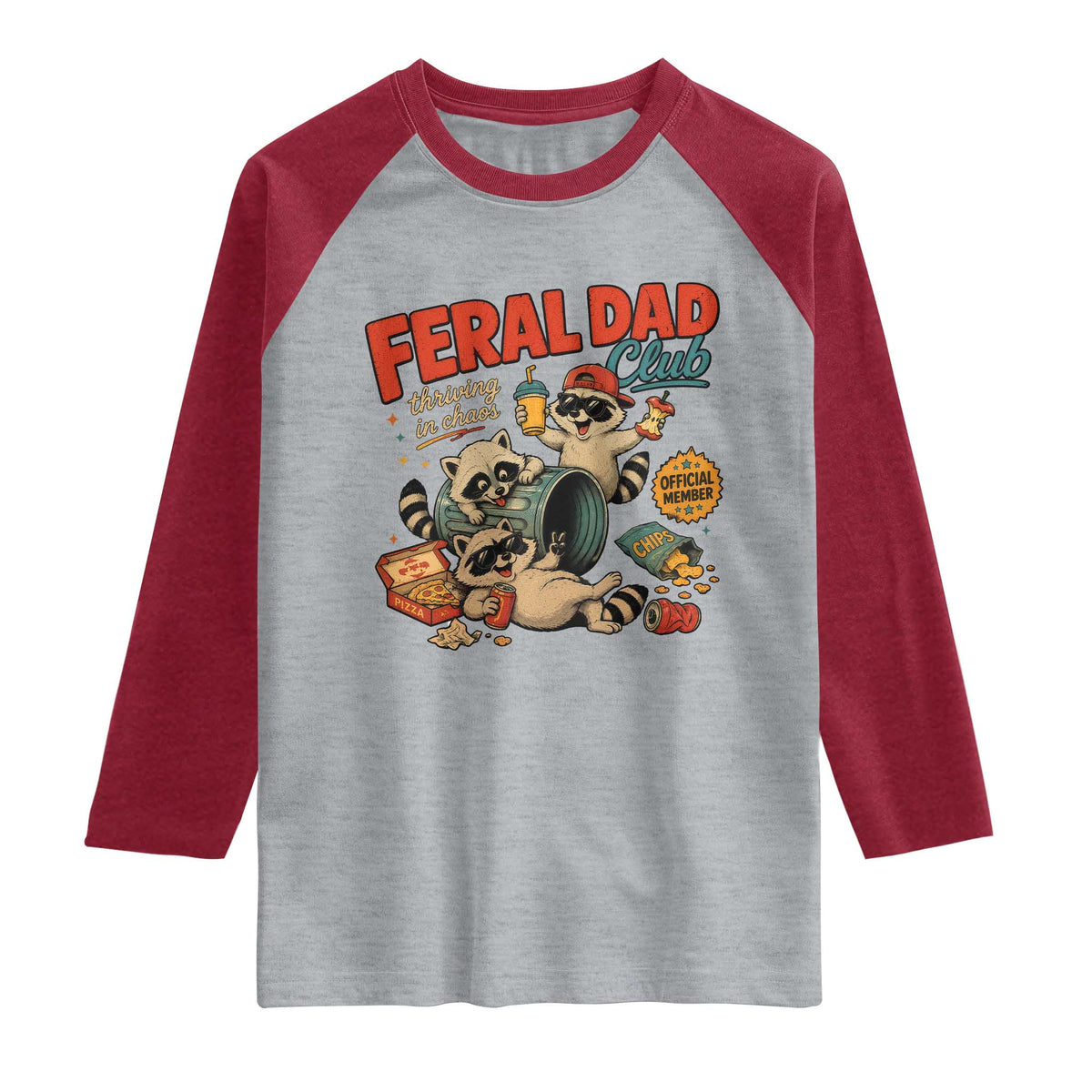 Funny Raccoon Dad Raglan Shirt Feral Dad Club Fathers Day Gift TS10 Heather Gray Heather Red Print Your Wear
