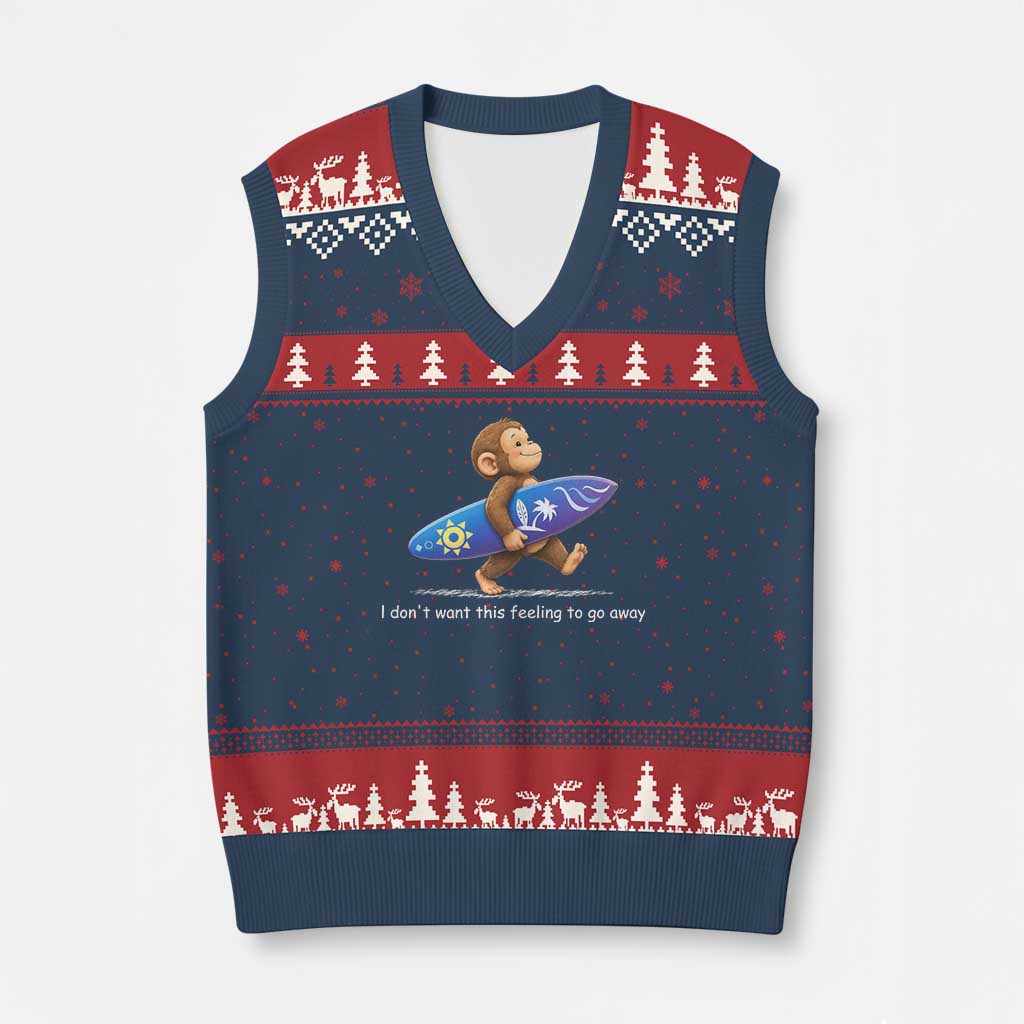 I Dont Want This Feeling To Go Away V-Neck Knit Sweater Vest Vintage Surf Monkey Nostalgic Summer Beach Vacation TS10 Navy Red Print Your Wear