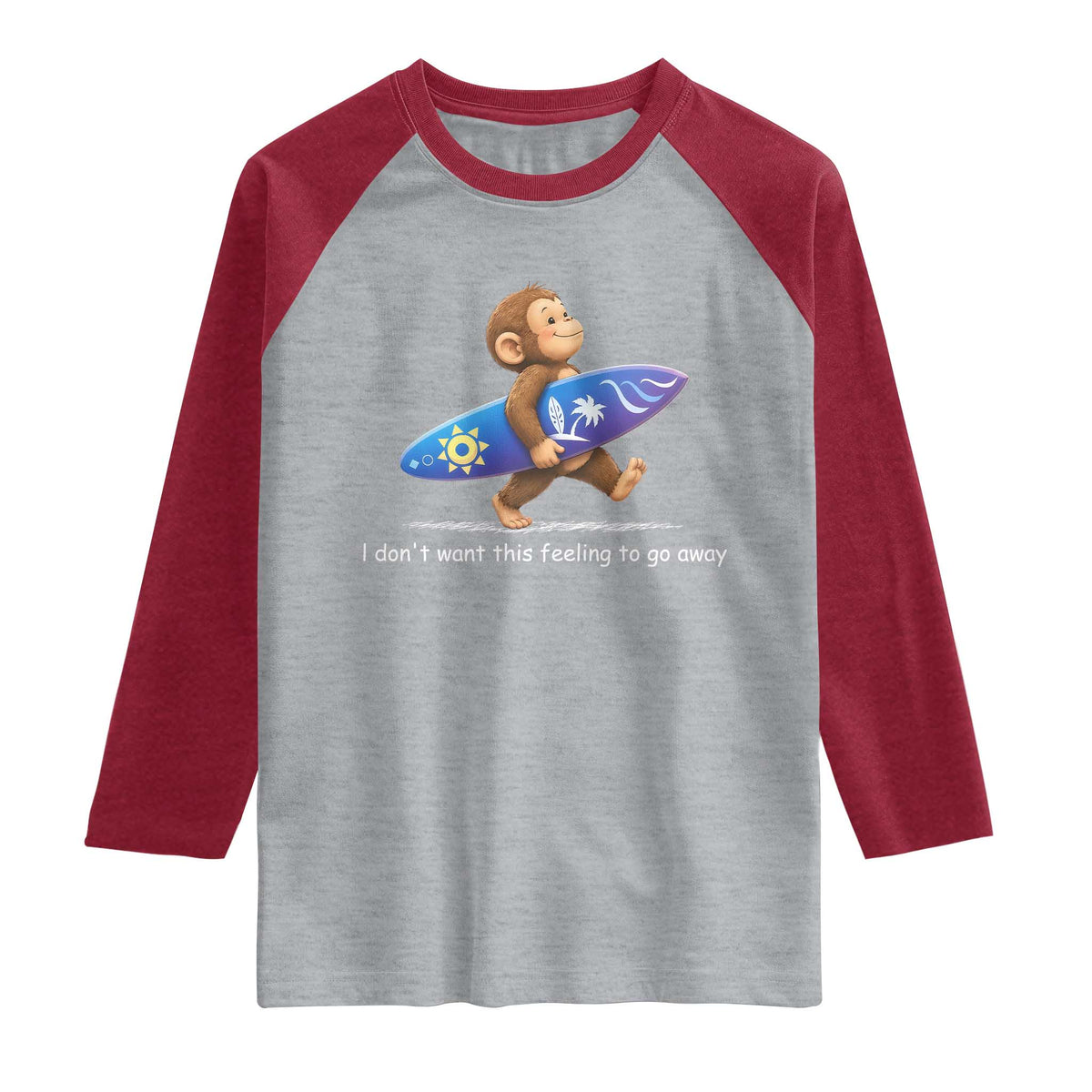 I Dont Want This Feeling To Go Away Raglan Shirt Vintage Surf Monkey Nostalgic Summer Beach Vacation TS10 Heather Gray Heather Red Print Your Wear