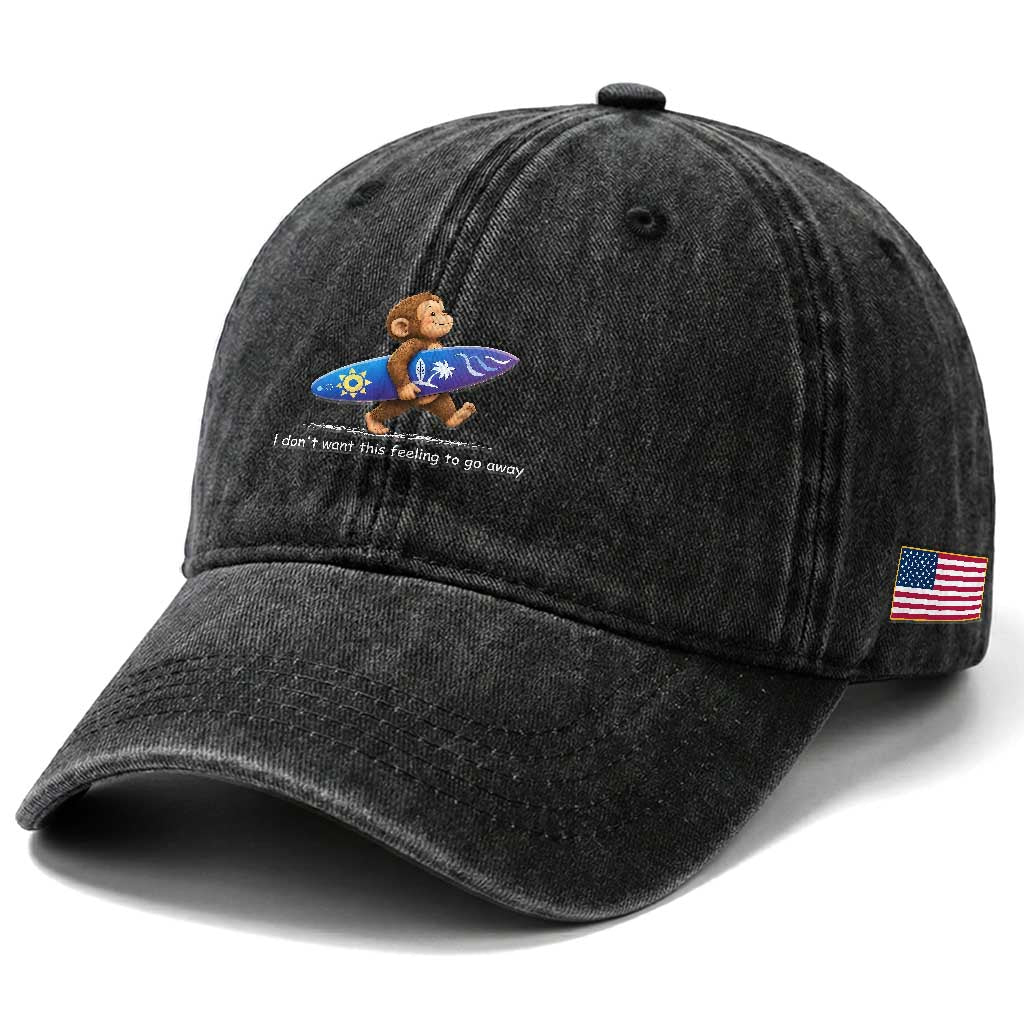 I Dont Want This Feeling To Go Away Washed Cotton Baseball Cap Vintage Surf Monkey Nostalgic Summer Beach Vacation TS10 Print Your Wear