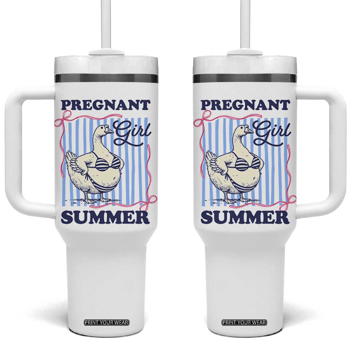 Pregnant Girl Summer Tumbler With Handle Striped Coquette Summer Goose Beach Pregnancy Announcement TS10 One Size: 40 oz White Print Your Wear