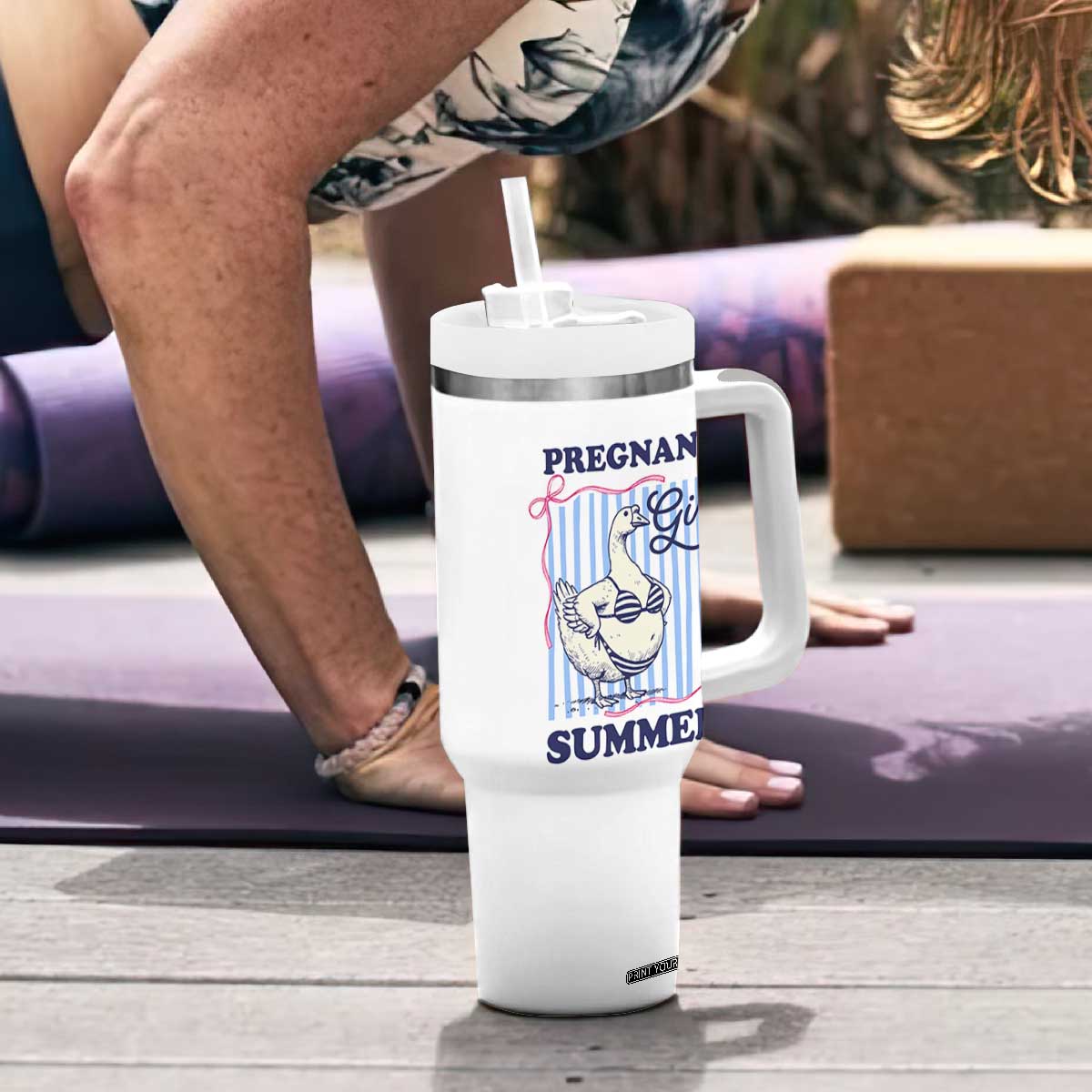 Pregnant Girl Summer Tumbler With Handle Striped Coquette Summer Goose Beach Pregnancy Announcement