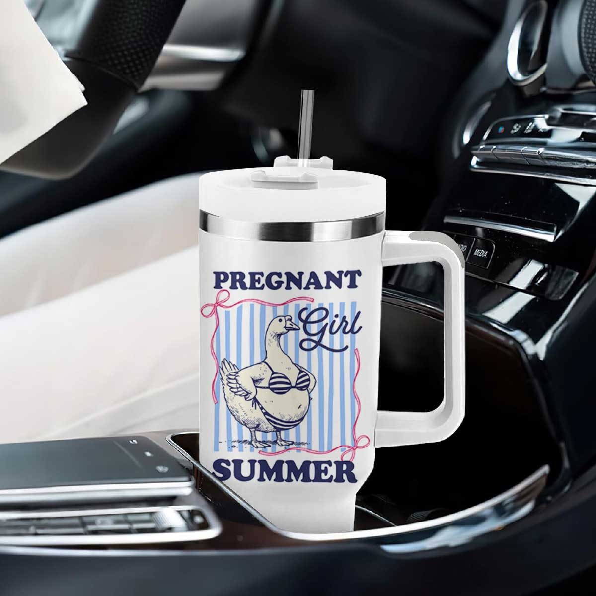 Pregnant Girl Summer Tumbler With Handle Striped Coquette Summer Goose Beach Pregnancy Announcement