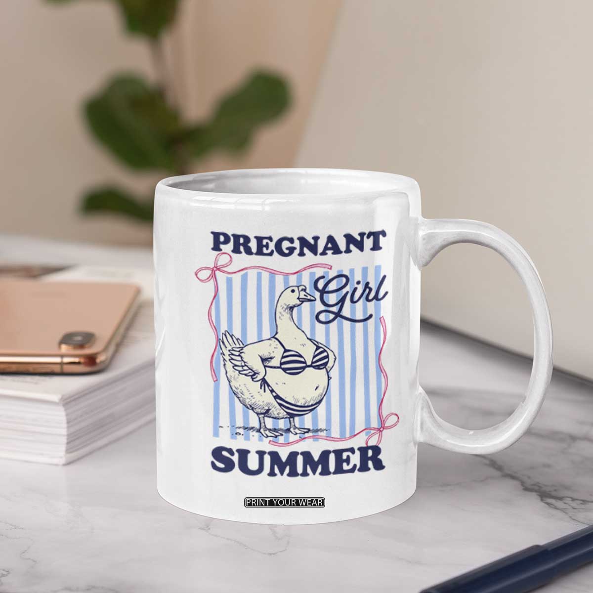 Pregnant Girl Summer Coffee Mug Striped Coquette Summer Goose Beach Pregnancy Announcement TS10 Print Your Wear