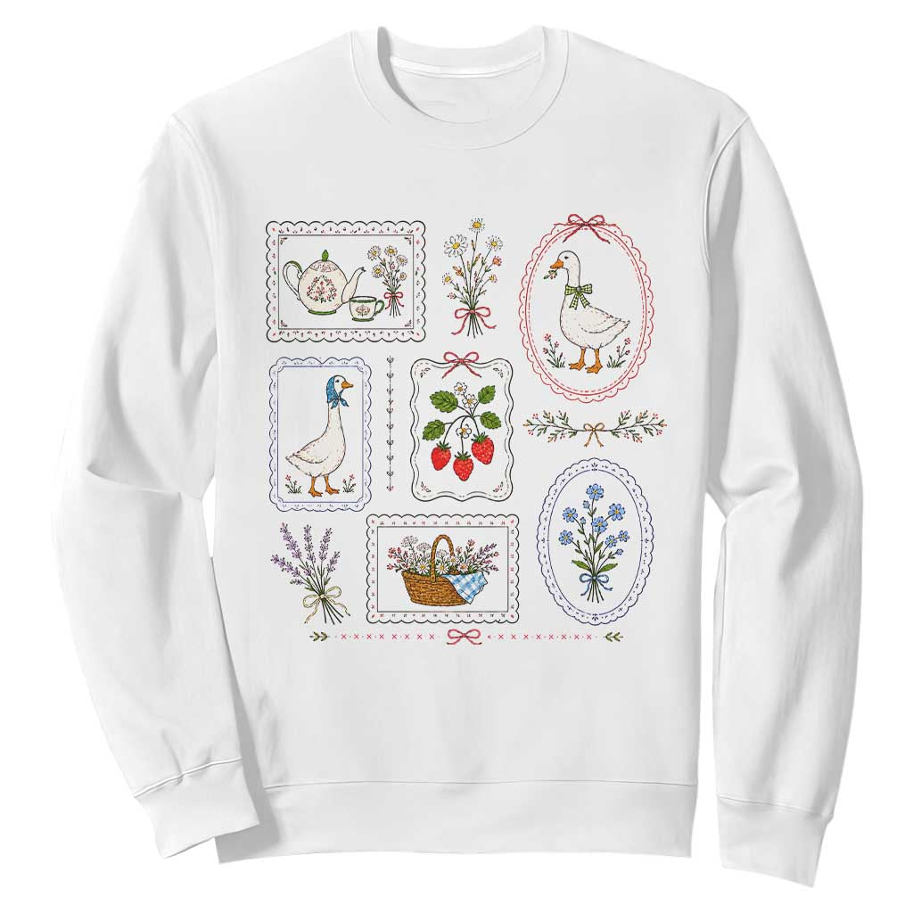 Cottagecore Goose Sweatshirt Strawberry Gardening Summer Spring TS10 White Print Your Wear