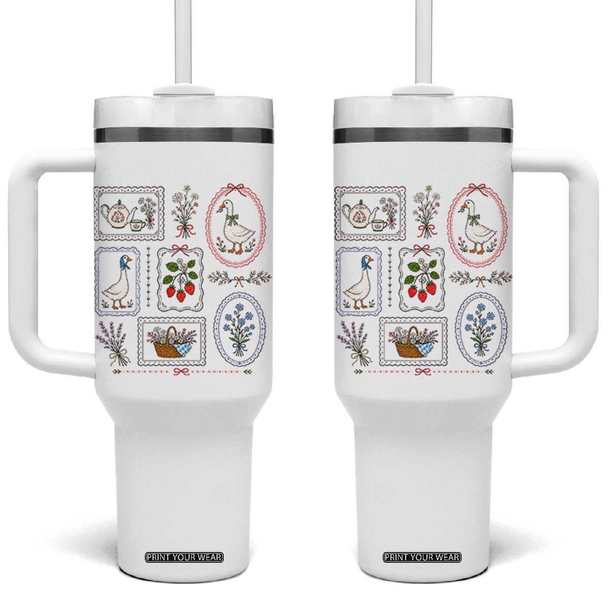 Cottagecore Goose Tumbler With Handle Strawberry Gardening Summer Spring TS10 One Size: 40 oz White Print Your Wear