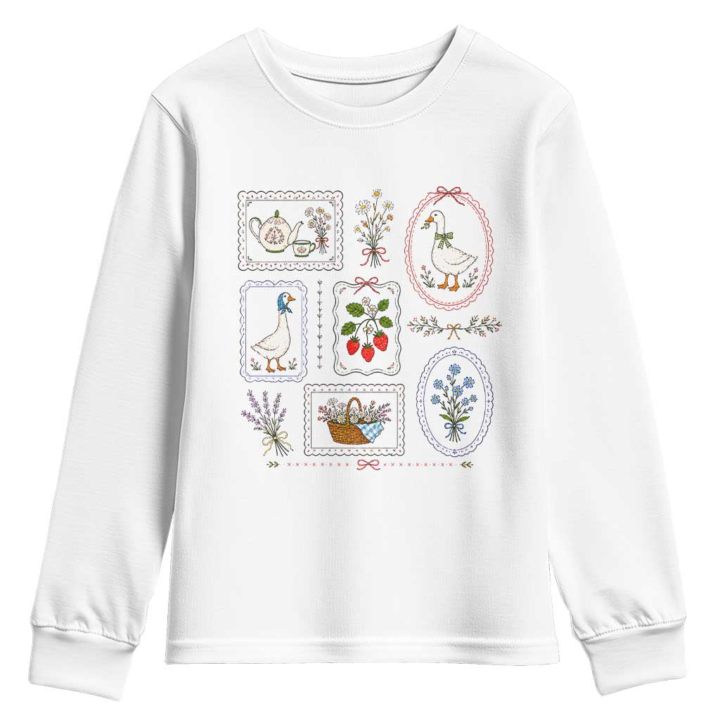 Cottagecore Goose Youth Sweatshirt Strawberry Gardening Summer Spring TS10 White Print Your Wear