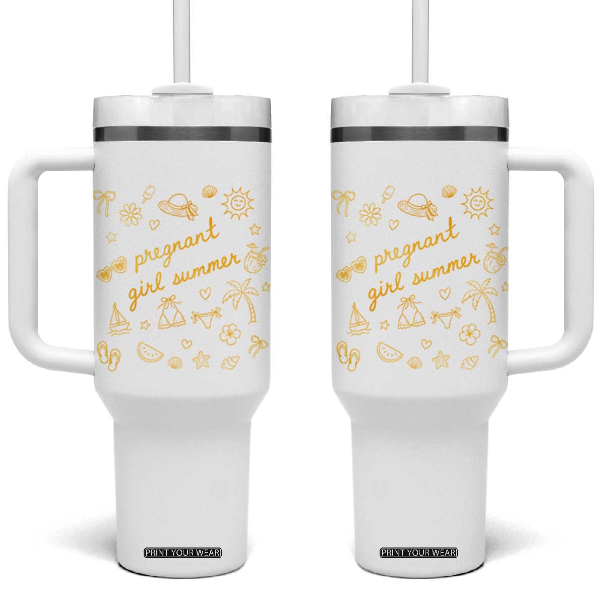 Pregnant Girl Summer Tumbler With Handle Cute Beach Summer Pregnancy Announcement Baby Shower TS10 One Size: 40 oz White Print Your Wear