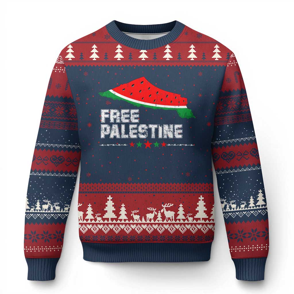 Free Palestine Ugly Christmas Sweater Watermelon Map TS10 Navy Red Print Your Wear