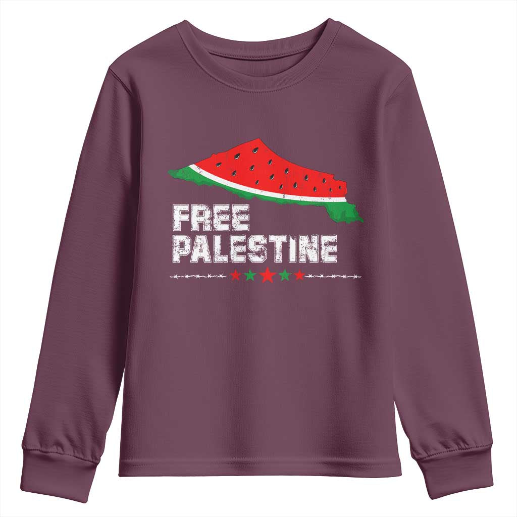 Free Palestine Youth Sweatshirt Watermelon Map TS10 Maroon Print Your Wear