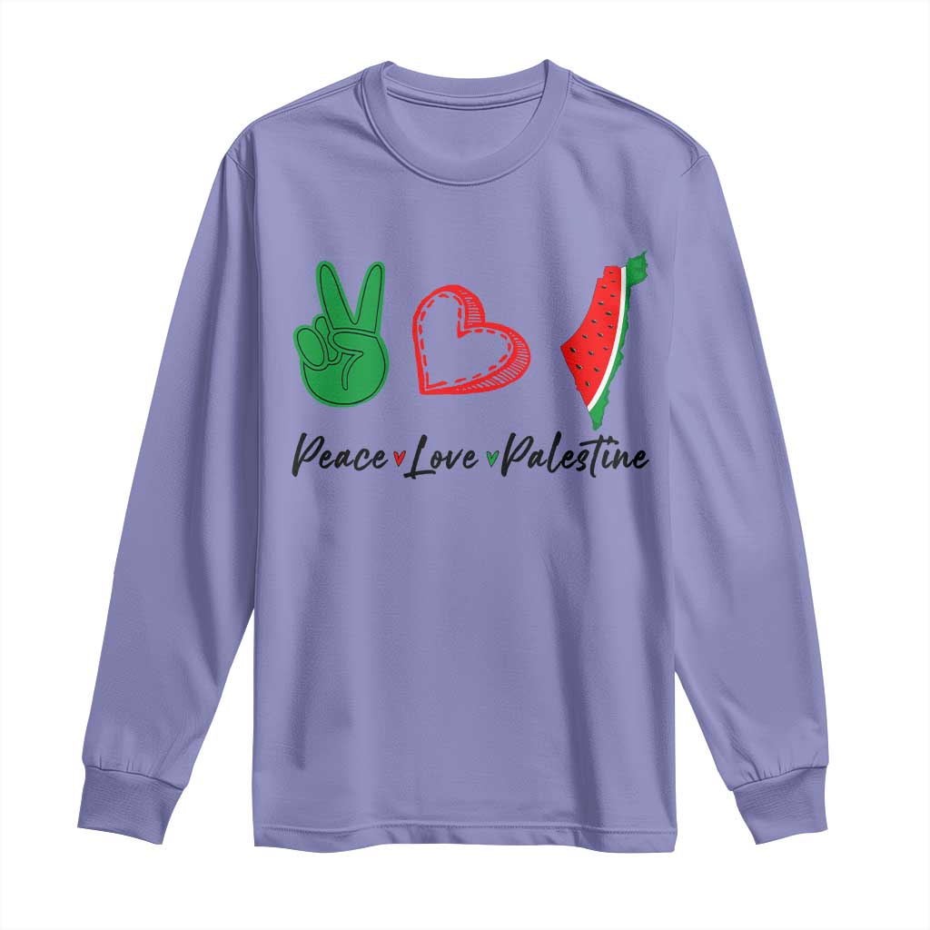 Peace Love Palestine Long Sleeve Shirt Gaza Palestinian Flag TS10 Violet Print Your Wear