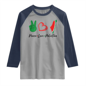 Peace Love Palestine Raglan Shirt Gaza Palestinian Flag TS10 Sport Gray Navy Print Your Wear