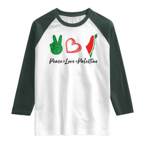 Peace Love Palestine Raglan Shirt Gaza Palestinian Flag TS10 White Dark Forest Green Print Your Wear