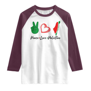 Peace Love Palestine Raglan Shirt Gaza Palestinian Flag TS10 White Maroon Print Your Wear