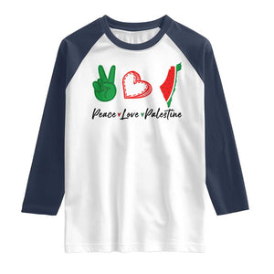 Peace Love Palestine Raglan Shirt Gaza Palestinian Flag TS10 White Navy Print Your Wear