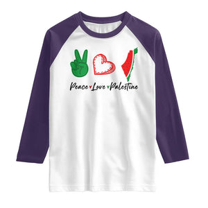 Peace Love Palestine Raglan Shirt Gaza Palestinian Flag TS10 White Purple Print Your Wear