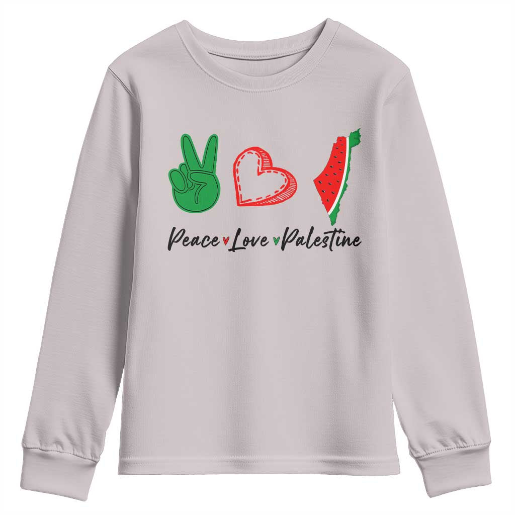 Peace Love Palestine Youth Sweatshirt Gaza Palestinian Flag TS10 Ice Gray Print Your Wear