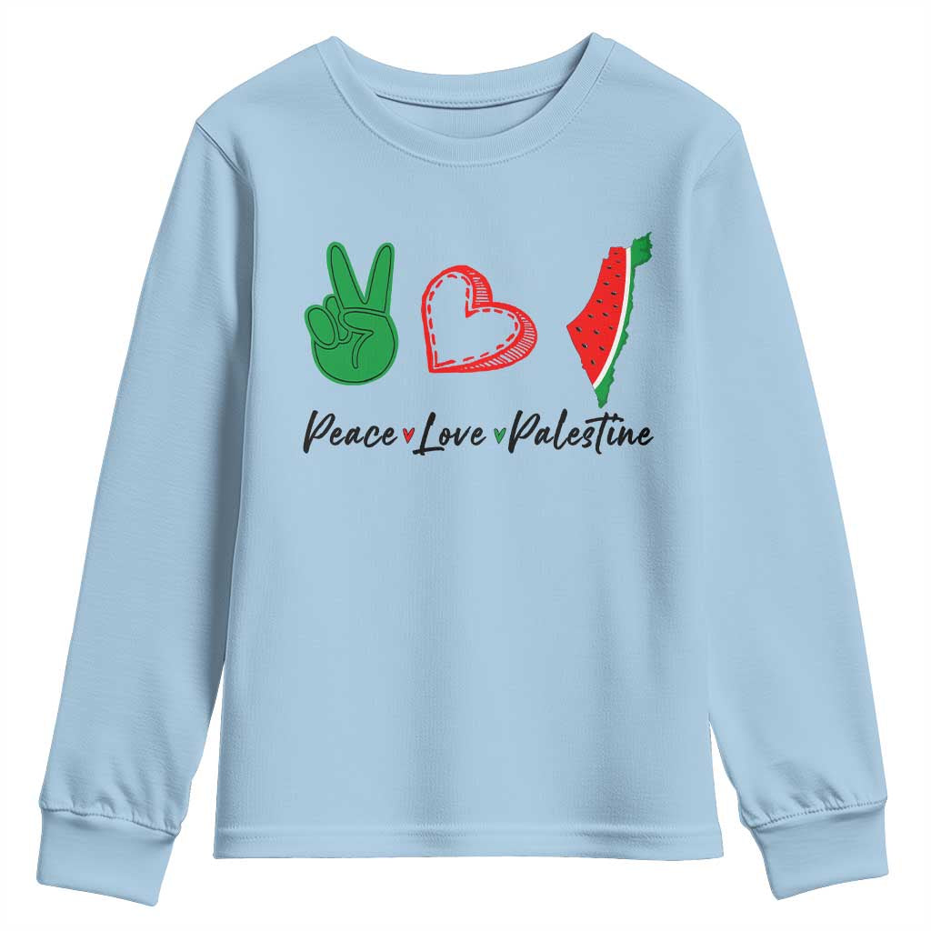 Peace Love Palestine Youth Sweatshirt Gaza Palestinian Flag TS10 Light Blue Print Your Wear
