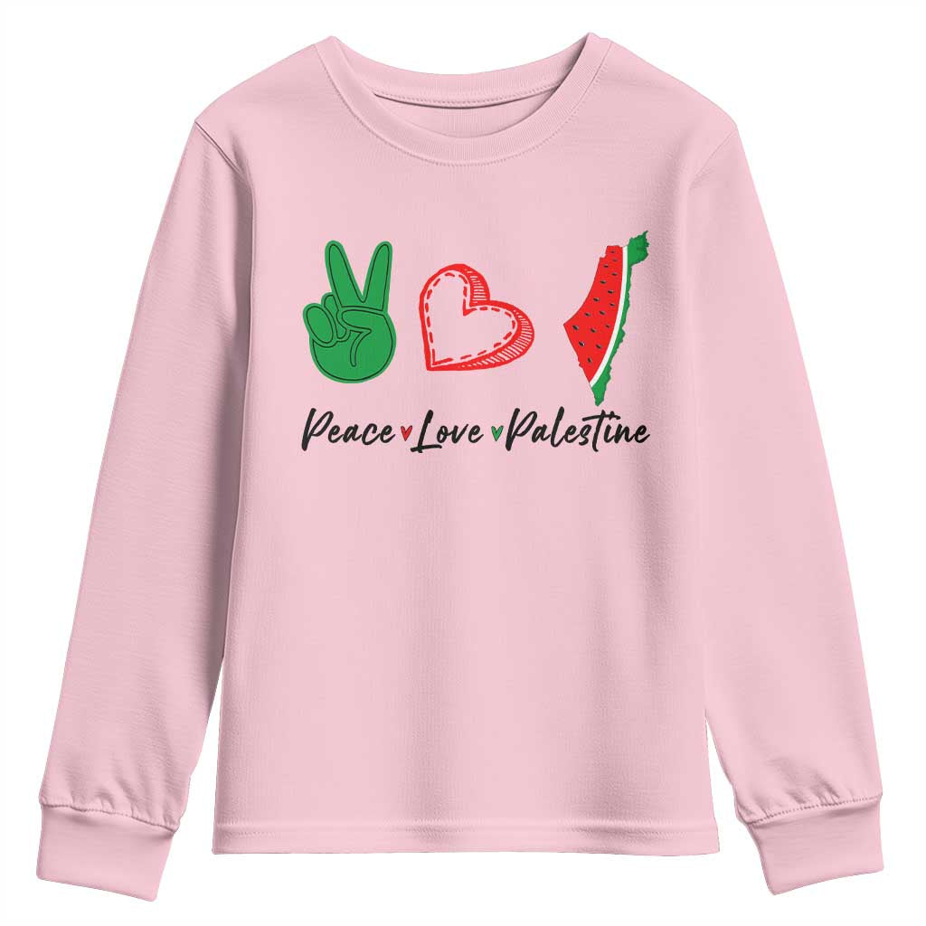 Peace Love Palestine Youth Sweatshirt Gaza Palestinian Flag TS10 Light Pink Print Your Wear