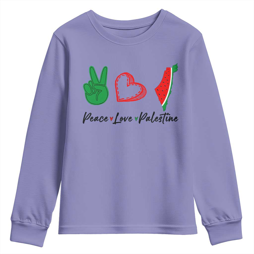 Peace Love Palestine Youth Sweatshirt Gaza Palestinian Flag TS10 Violet Print Your Wear