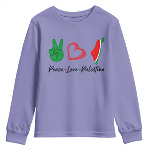 Peace Love Palestine Youth Sweatshirt Gaza Palestinian Flag TS10 Violet Print Your Wear