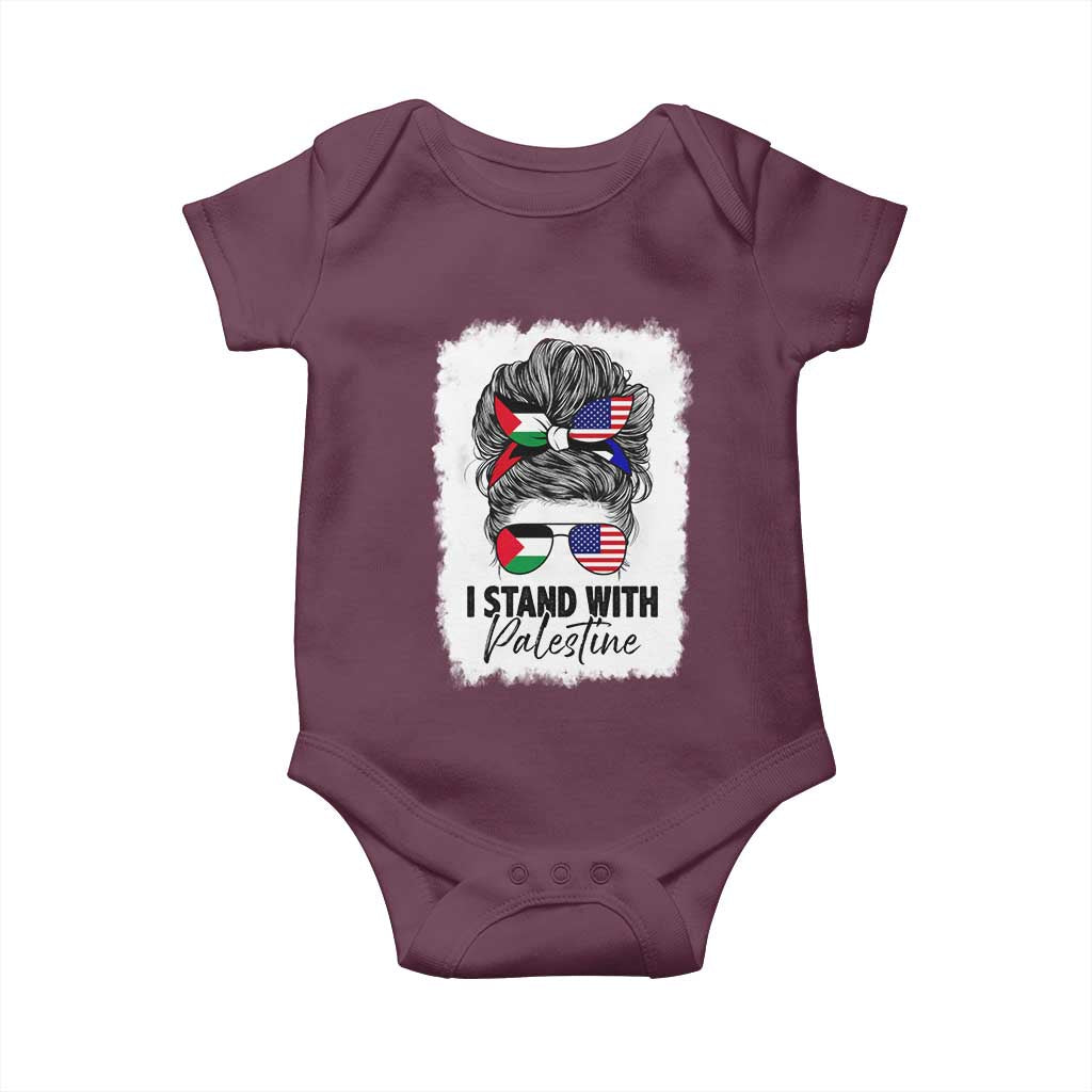 Stand With Palestine Baby Onesie Messy Bun Gaza Palestinian Flag TS10 Maroon Print Your Wear