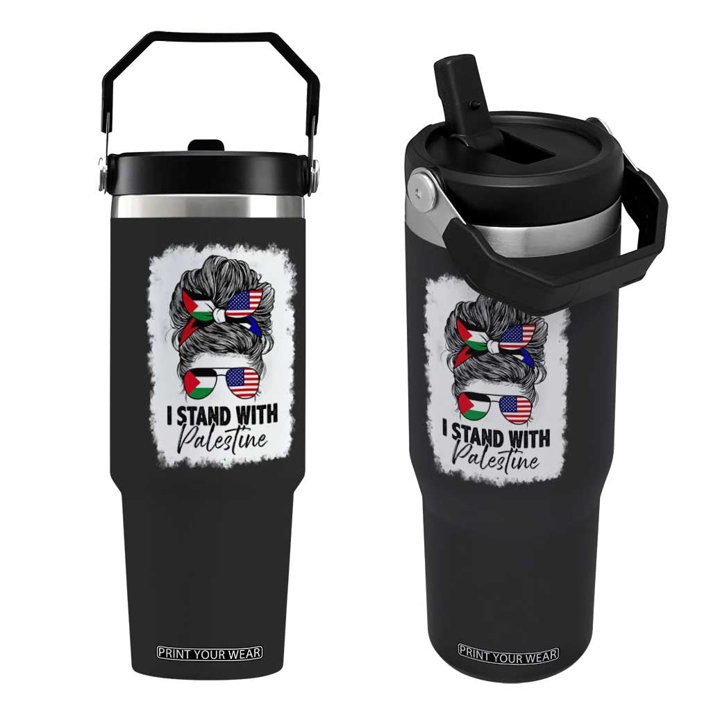 Stand With Palestine Flip Straw Tumbler Messy Bun Gaza Palestinian Flag TS10 One Size: 30 oz Black Print Your Wear