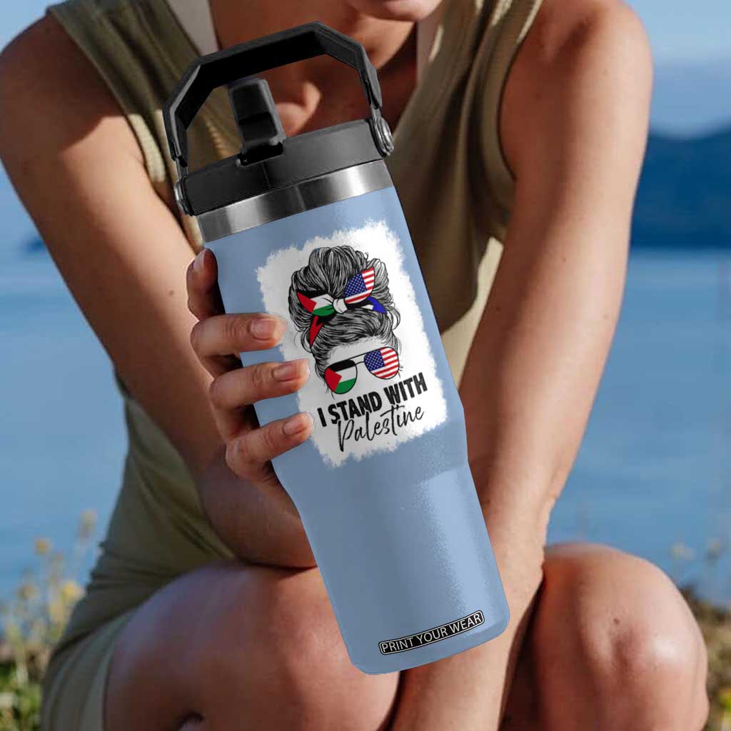 Stand With Palestine Flip Straw Tumbler Messy Bun Gaza Palestinian Flag TS10 One Size: 30 oz Light Blue Print Your Wear