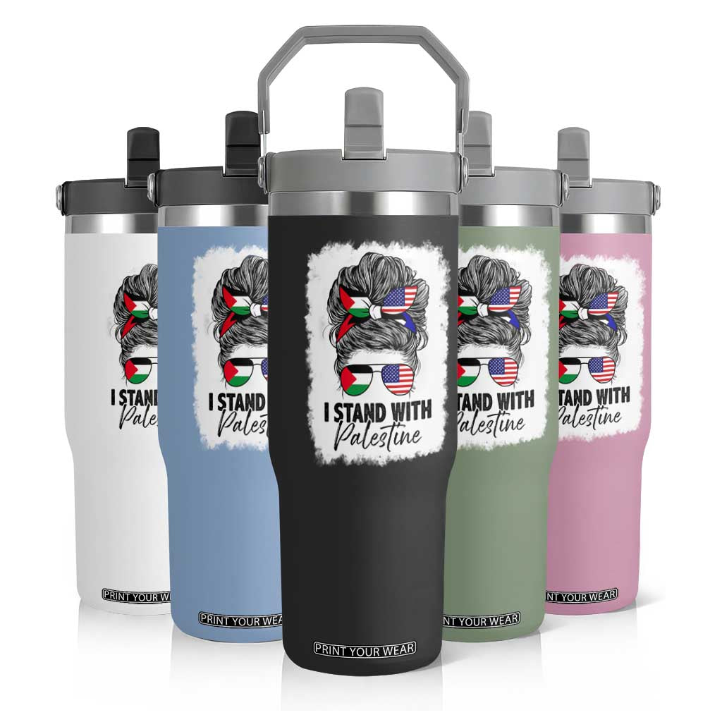 Stand With Palestine Flip Straw Tumbler Messy Bun Gaza Palestinian Flag TS10 Print Your Wear