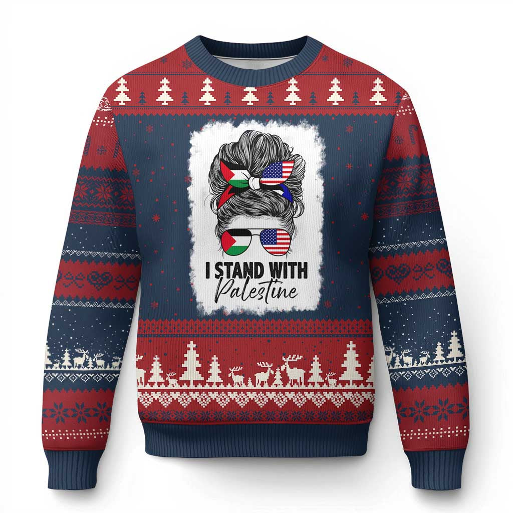 Stand With Palestine Ugly Christmas Sweater Messy Bun Gaza Palestinian Flag TS10 Navy Red Print Your Wear