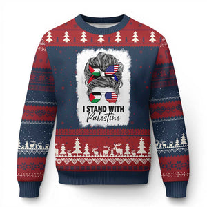 Stand With Palestine Ugly Christmas Sweater Messy Bun Gaza Palestinian Flag TS10 Navy Red Print Your Wear