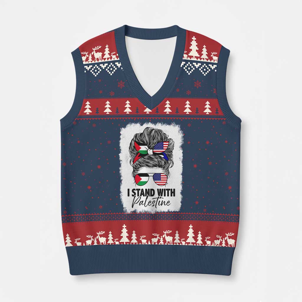 Stand With Palestine V-Neck Knit Sweater Vest Messy Bun Gaza Palestinian Flag TS10 Navy Red Print Your Wear