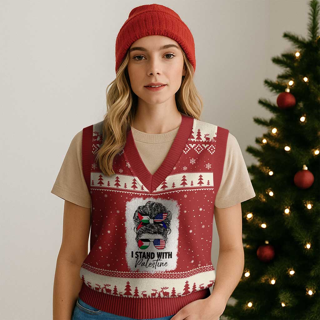 Stand With Palestine V-Neck Knit Sweater Vest Messy Bun Gaza Palestinian Flag TS10 Red Beige Print Your Wear