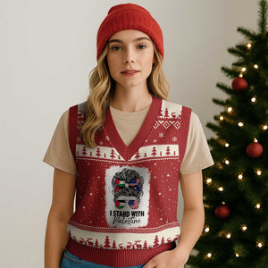 Stand With Palestine V-Neck Knit Sweater Vest Messy Bun Gaza Palestinian Flag TS10 Red Beige Print Your Wear