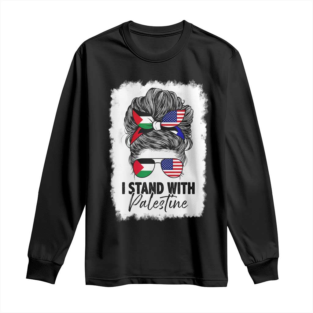 Stand With Palestine Long Sleeve Shirt Messy Bun Gaza Palestinian Flag TS10 Black Print Your Wear