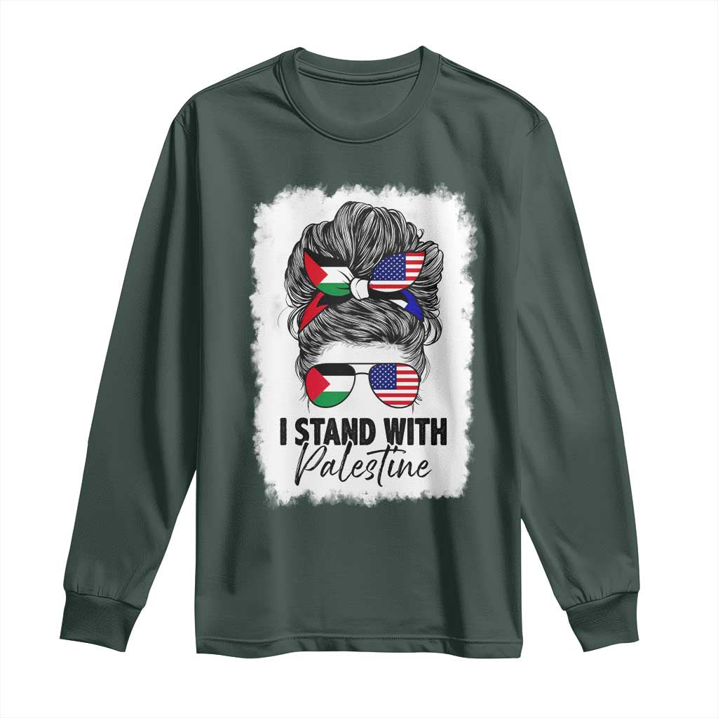 Stand With Palestine Long Sleeve Shirt Messy Bun Gaza Palestinian Flag TS10 Dark Forest Green Print Your Wear