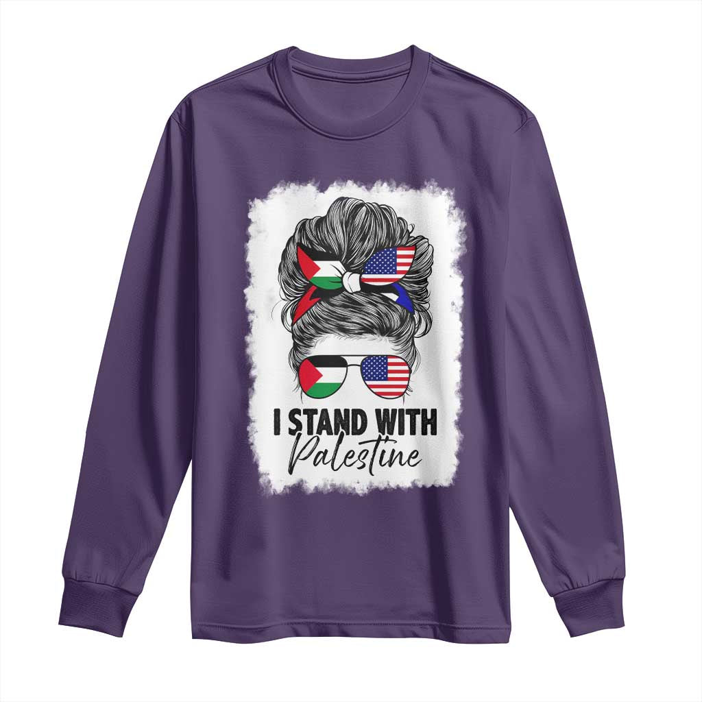 Stand With Palestine Long Sleeve Shirt Messy Bun Gaza Palestinian Flag TS10 Purple Print Your Wear