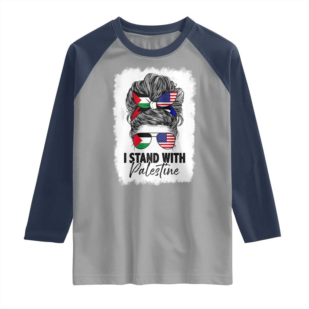 Stand With Palestine Raglan Shirt Messy Bun Gaza Palestinian Flag TS10 Sport Gray Navy Print Your Wear