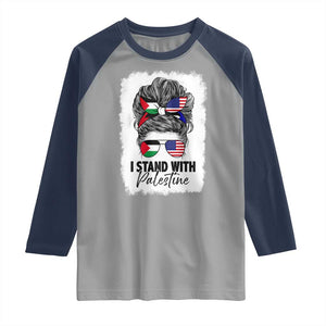 Stand With Palestine Raglan Shirt Messy Bun Gaza Palestinian Flag TS10 Sport Gray Navy Print Your Wear