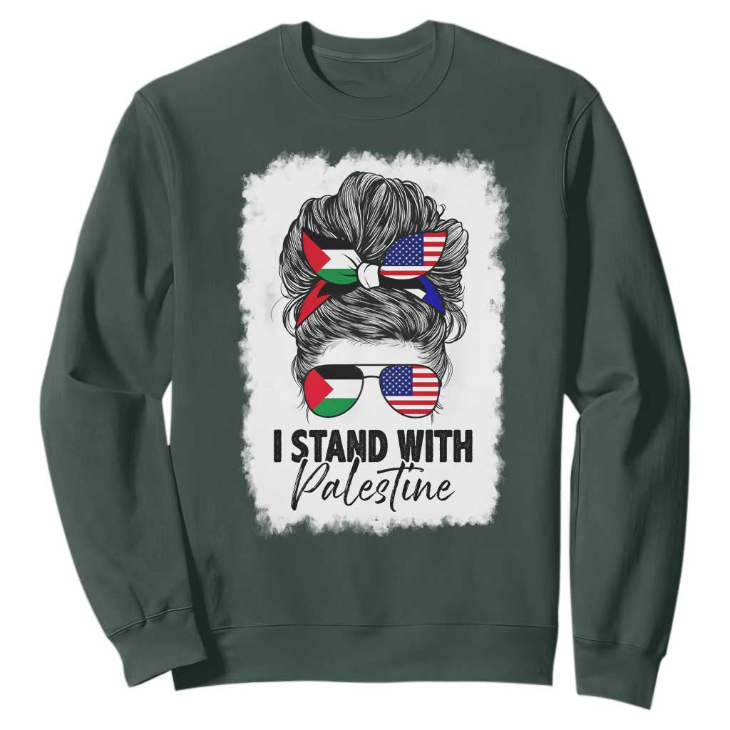 Stand With Palestine Sweatshirt Messy Bun Gaza Palestinian Flag TS10 Dark Forest Green Print Your Wear
