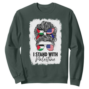 Stand With Palestine Sweatshirt Messy Bun Gaza Palestinian Flag TS10 Dark Forest Green Print Your Wear