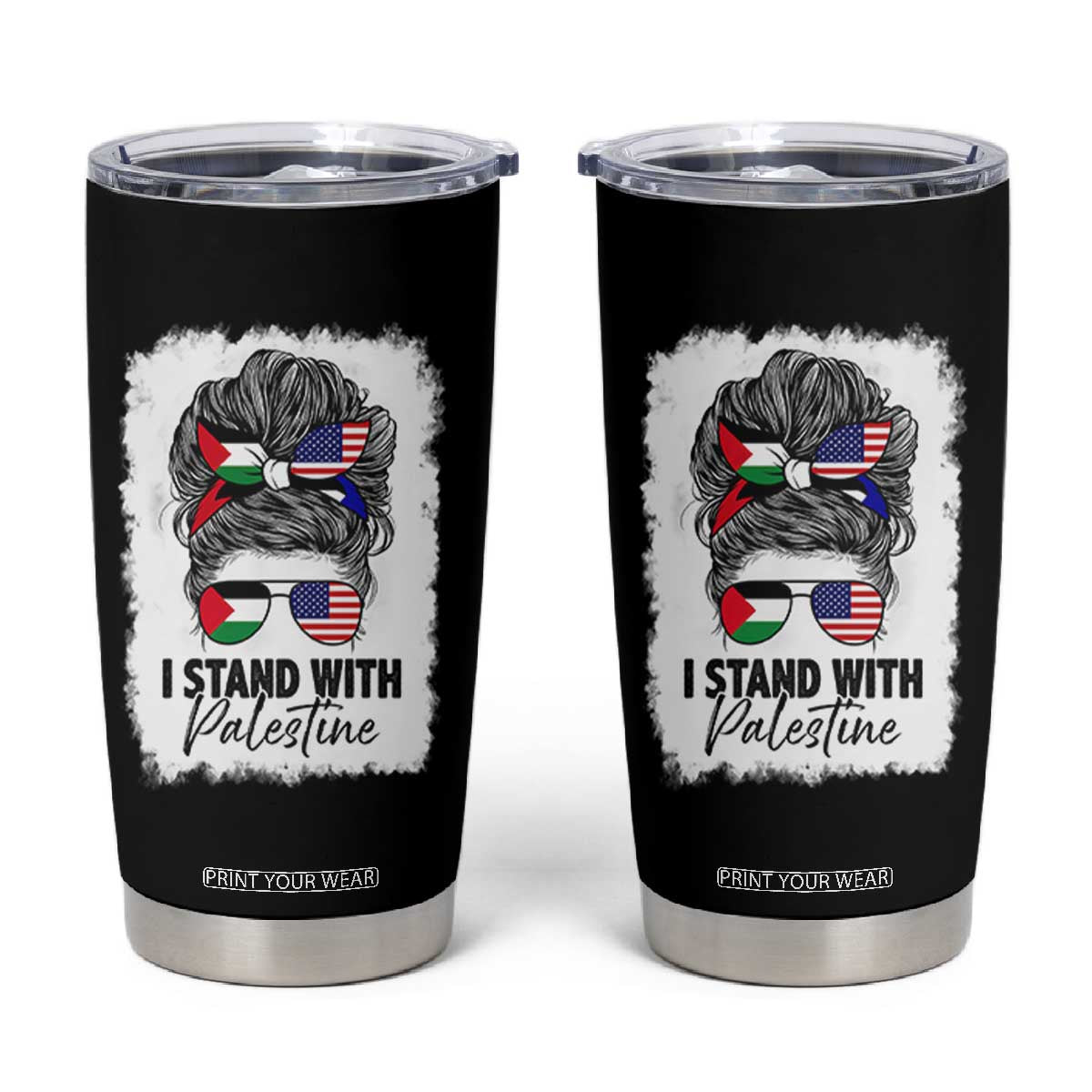 Stand With Palestine Tumbler Cup Messy Bun Gaza Palestinian Flag TS10 Black Print Your Wear